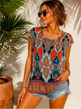 R. Rouge USA Small Paisley Boho Tunic Top Colorful Lace Back Festival Blouse